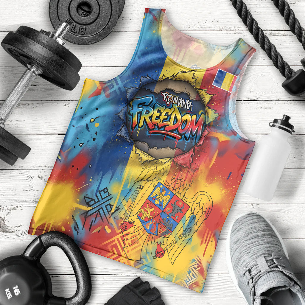 Romania Freedom Men Tank Top Flag Day June 26 - Raised Fist - Graffiti Style