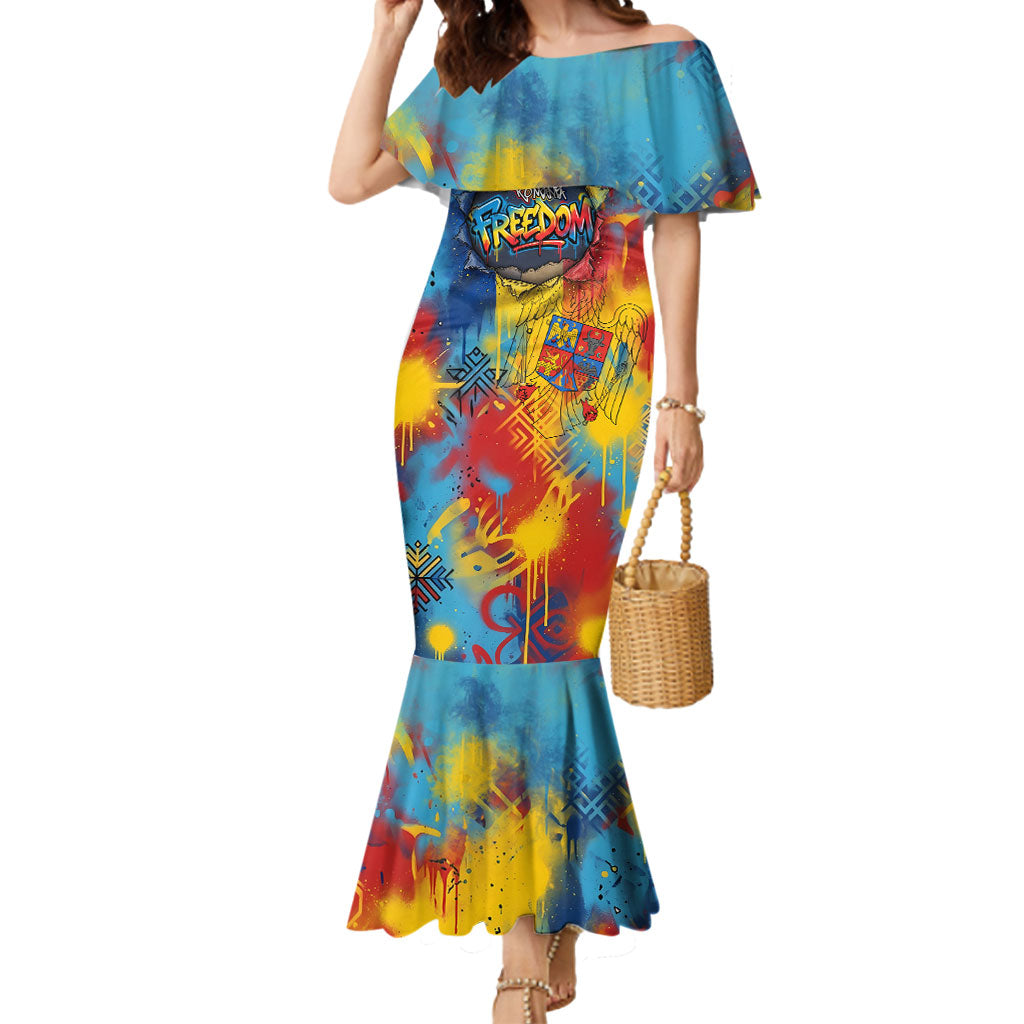 Romania Freedom Mermaid Dress Flag Day June 26 - Raised Fist - Graffiti Style
