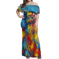 Romania Freedom Off Shoulder Maxi Dress Flag Day June 26 - Raised Fist - Graffiti Style