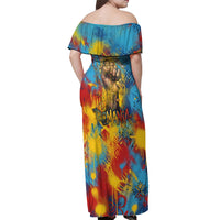 Romania Freedom Off Shoulder Maxi Dress Flag Day June 26 - Raised Fist - Graffiti Style
