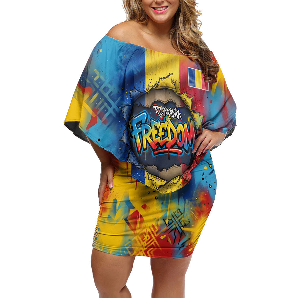 Romania Freedom Off Shoulder Short Dress Flag Day June 26 - Raised Fist - Graffiti Style