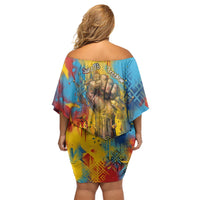 Romania Freedom Off Shoulder Short Dress Flag Day June 26 - Raised Fist - Graffiti Style