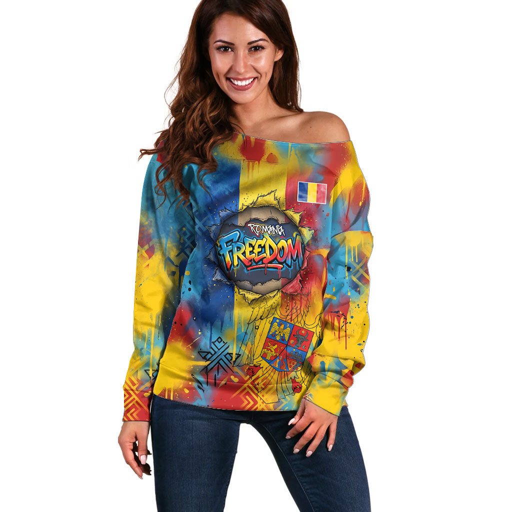 Romania Freedom Off Shoulder Sweater Flag Day June 26 - Raised Fist - Graffiti Style