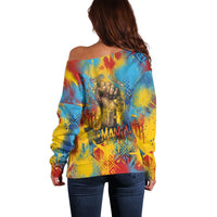 Romania Freedom Off Shoulder Sweater Flag Day June 26 - Raised Fist - Graffiti Style