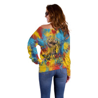 Romania Freedom Off Shoulder Sweater Flag Day June 26 - Raised Fist - Graffiti Style