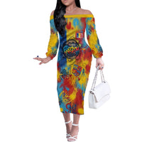 Romania Freedom Off The Shoulder Long Sleeve Dress Flag Day June 26 - Raised Fist - Graffiti Style