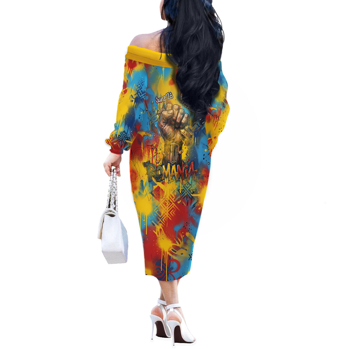 Romania Freedom Off The Shoulder Long Sleeve Dress Flag Day June 26 - Raised Fist - Graffiti Style