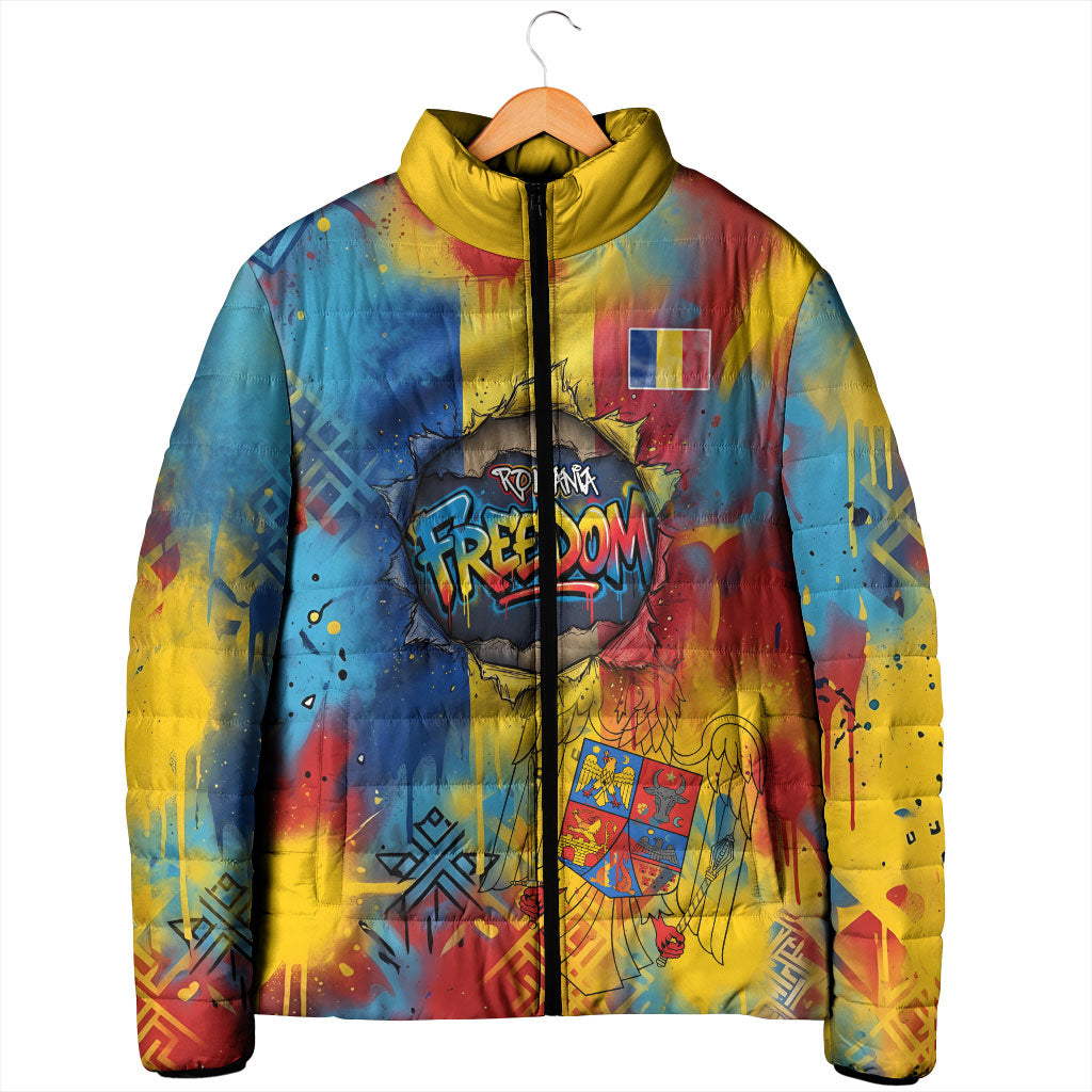 Romania Freedom Padded Jacket Flag Day June 26 - Raised Fist - Graffiti Style