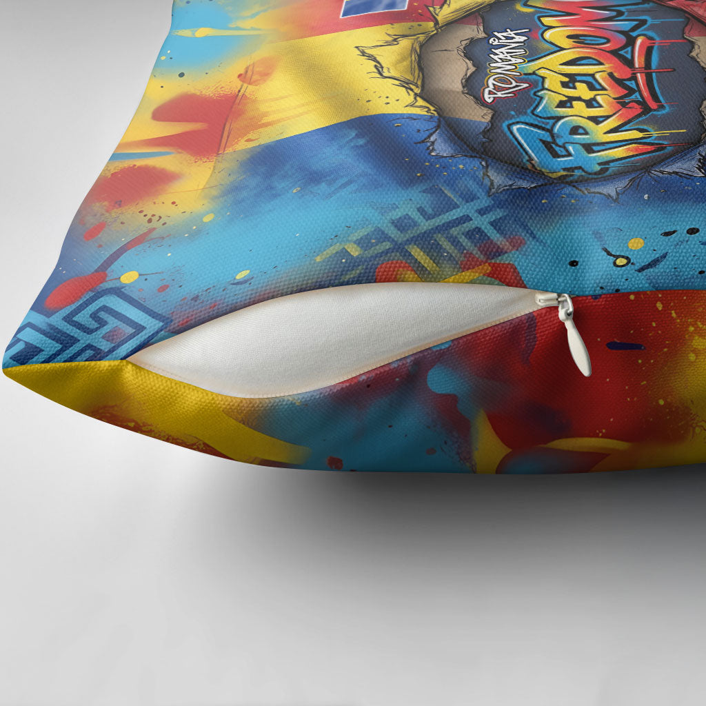 Romania Freedom Pillow Cover Flag Day June 26 - Raised Fist - Graffiti Style