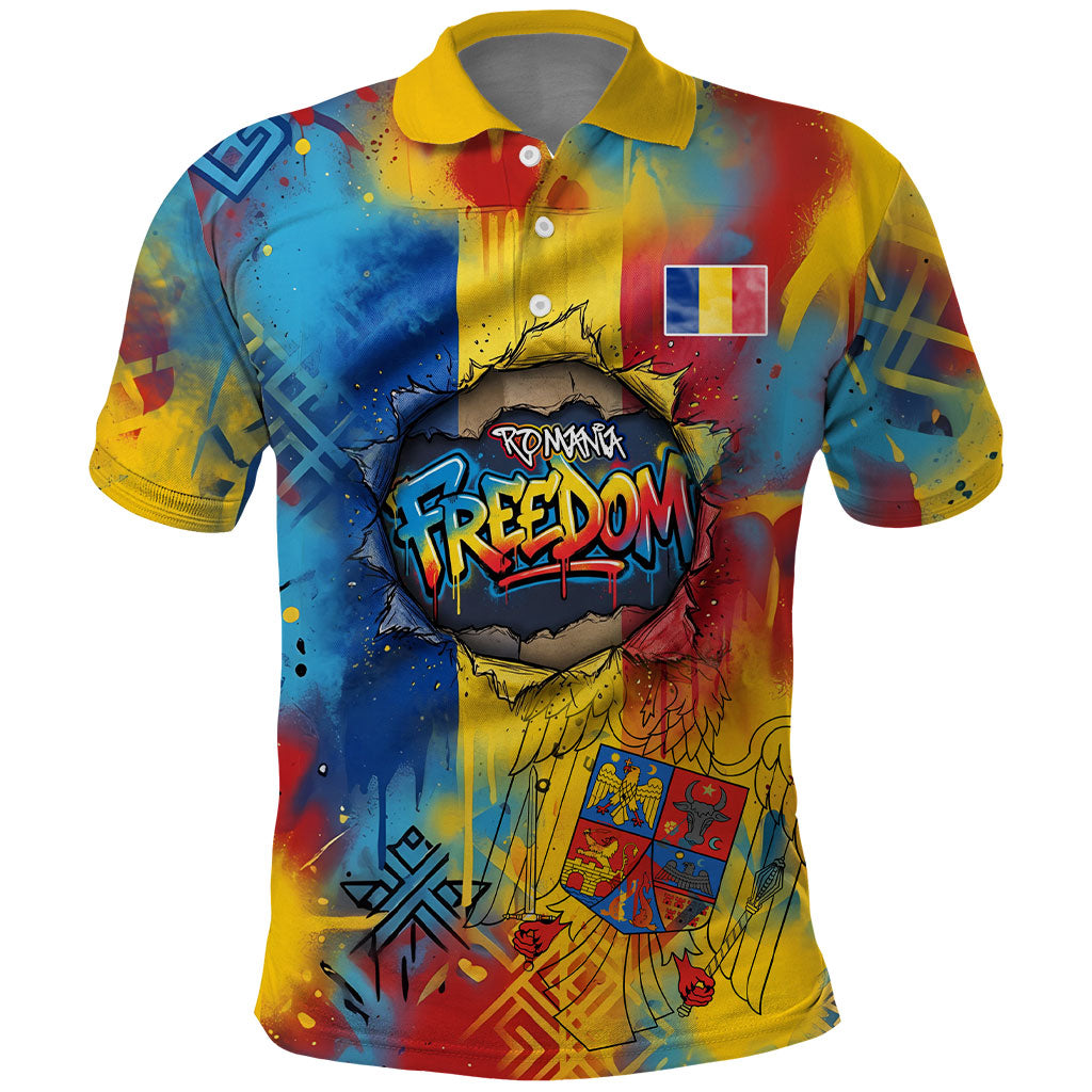 Romania Freedom Polo Shirt Flag Day June 26 - Raised Fist - Graffiti Style