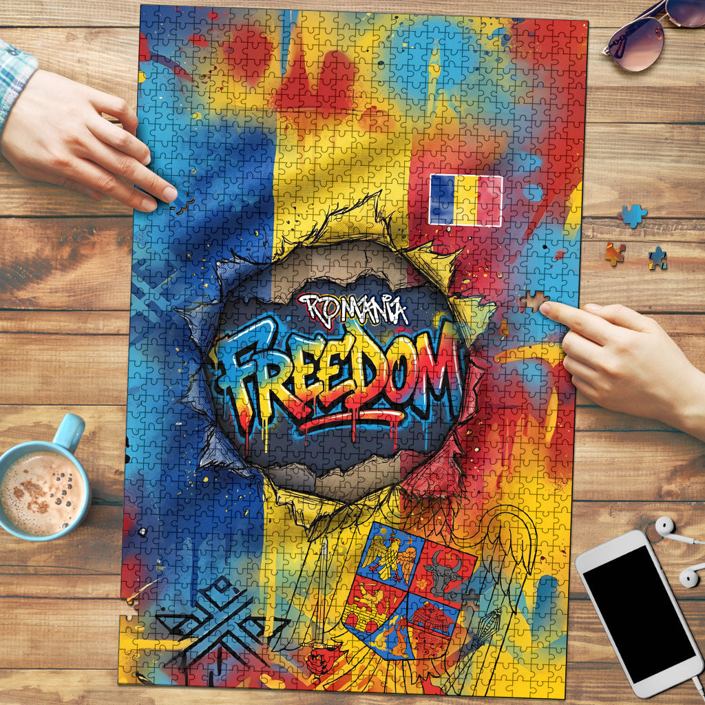 Romania Freedom Puzzle Flag Day June 26 - Raised Fist - Graffiti Style