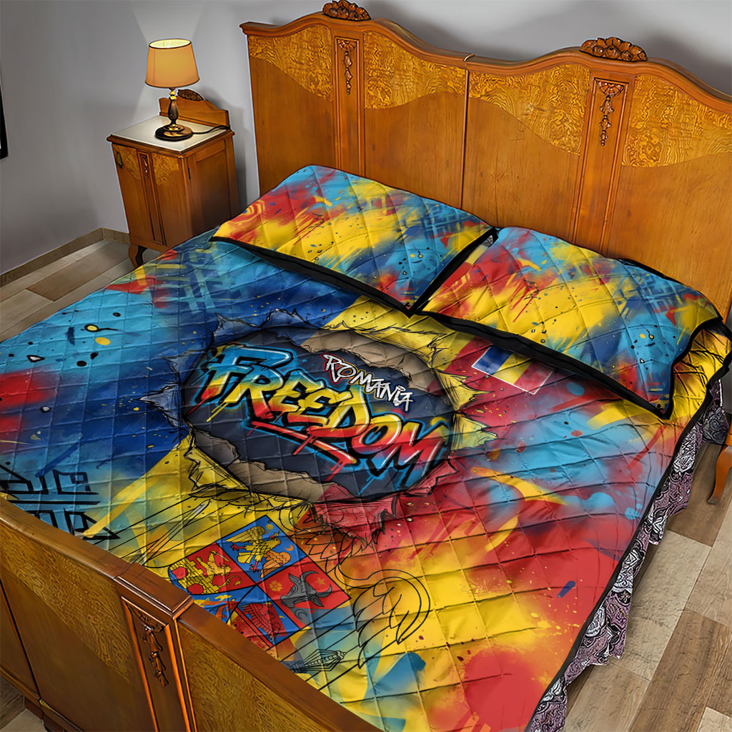 Romania Freedom Quilt Bed Set Flag Day June 26 - Raised Fist - Graffiti Style