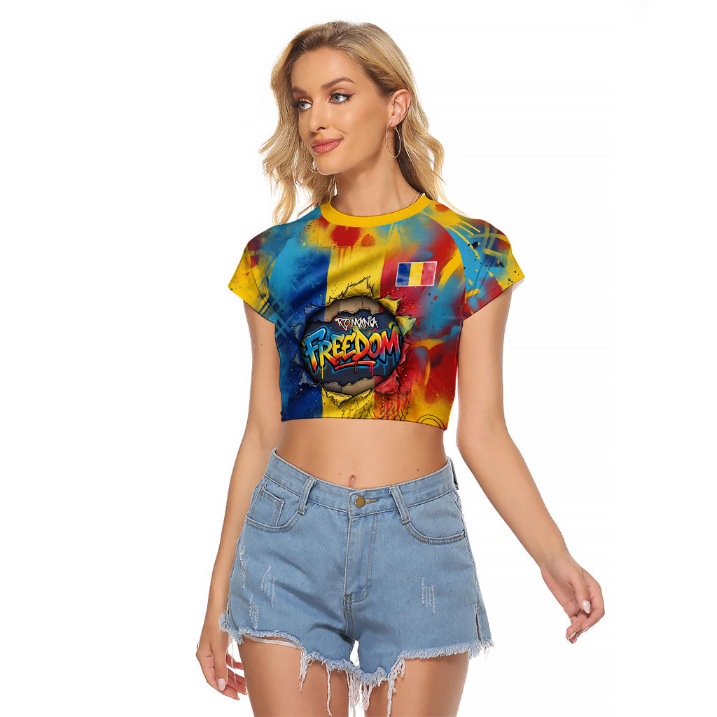 Romania Freedom Raglan Cropped T Shirt Flag Day June 26 - Raised Fist - Graffiti Style