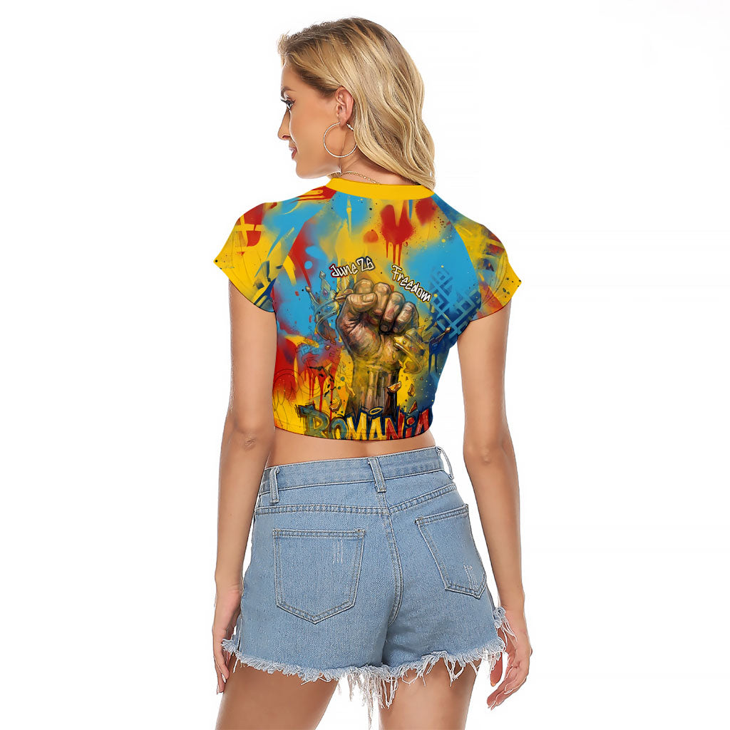Romania Freedom Raglan Cropped T Shirt Flag Day June 26 - Raised Fist - Graffiti Style