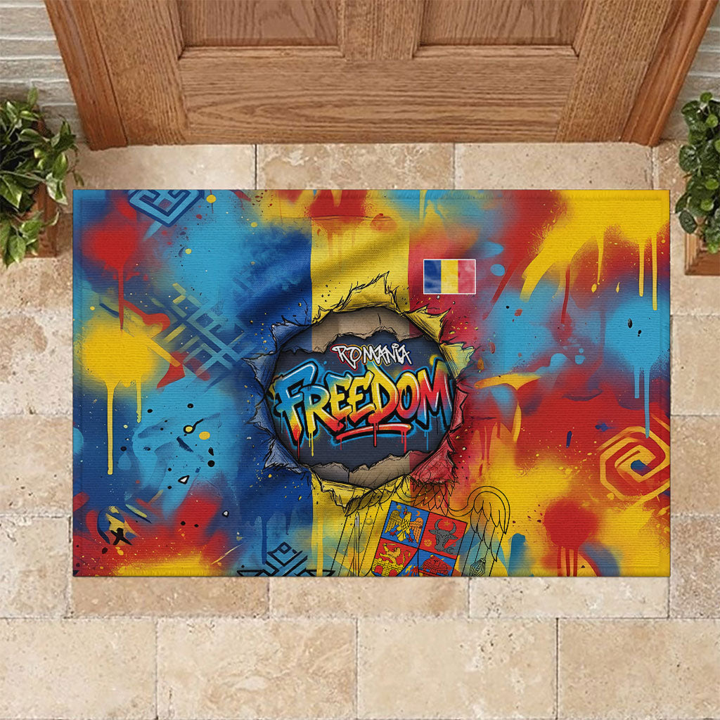 Romania Freedom Rubber Doormat Flag Day June 26 - Raised Fist - Graffiti Style