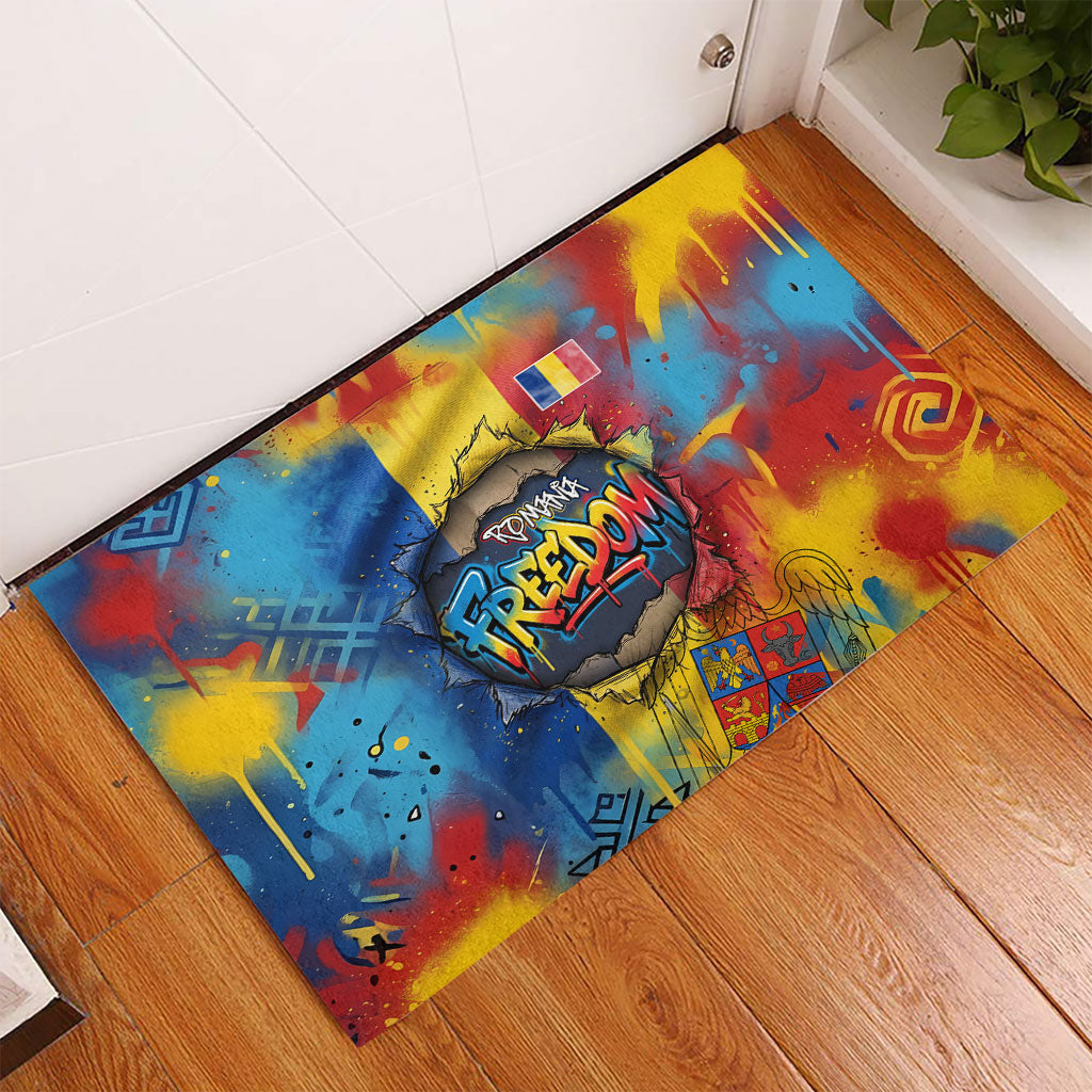 Romania Freedom Rubber Doormat Flag Day June 26 - Raised Fist - Graffiti Style