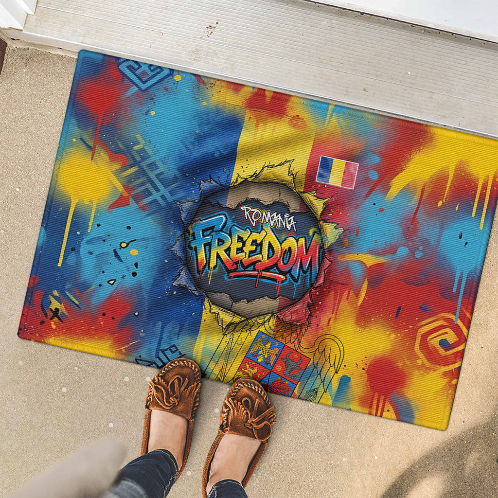 Romania Freedom Rubber Doormat Flag Day June 26 - Raised Fist - Graffiti Style