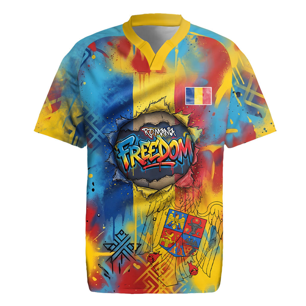Romania Freedom Rugby Jersey Flag Day June 26 - Raised Fist - Graffiti Style