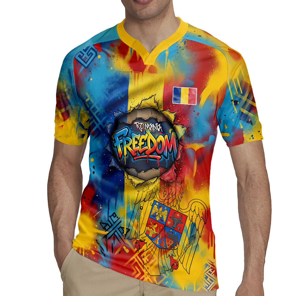 Romania Freedom Rugby Jersey Flag Day June 26 - Raised Fist - Graffiti Style