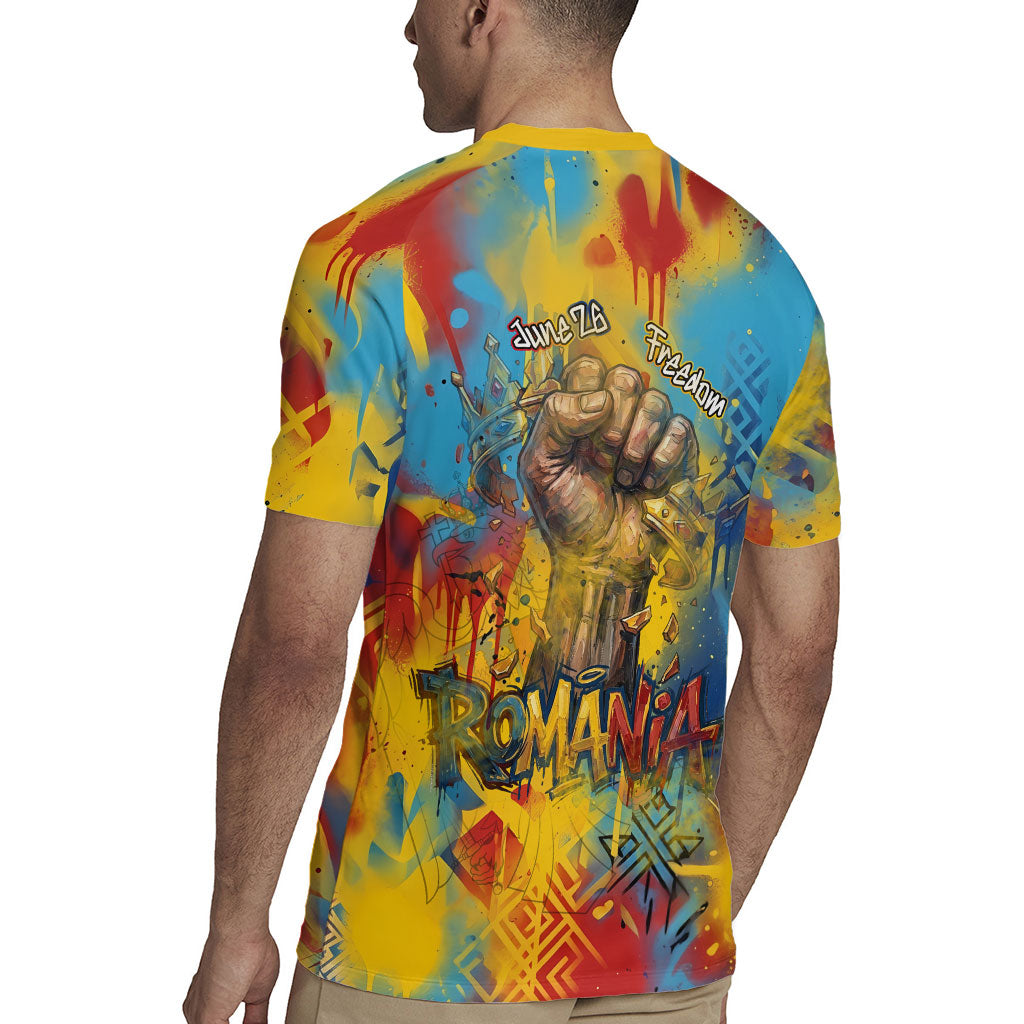 Romania Freedom Rugby Jersey Flag Day June 26 - Raised Fist - Graffiti Style