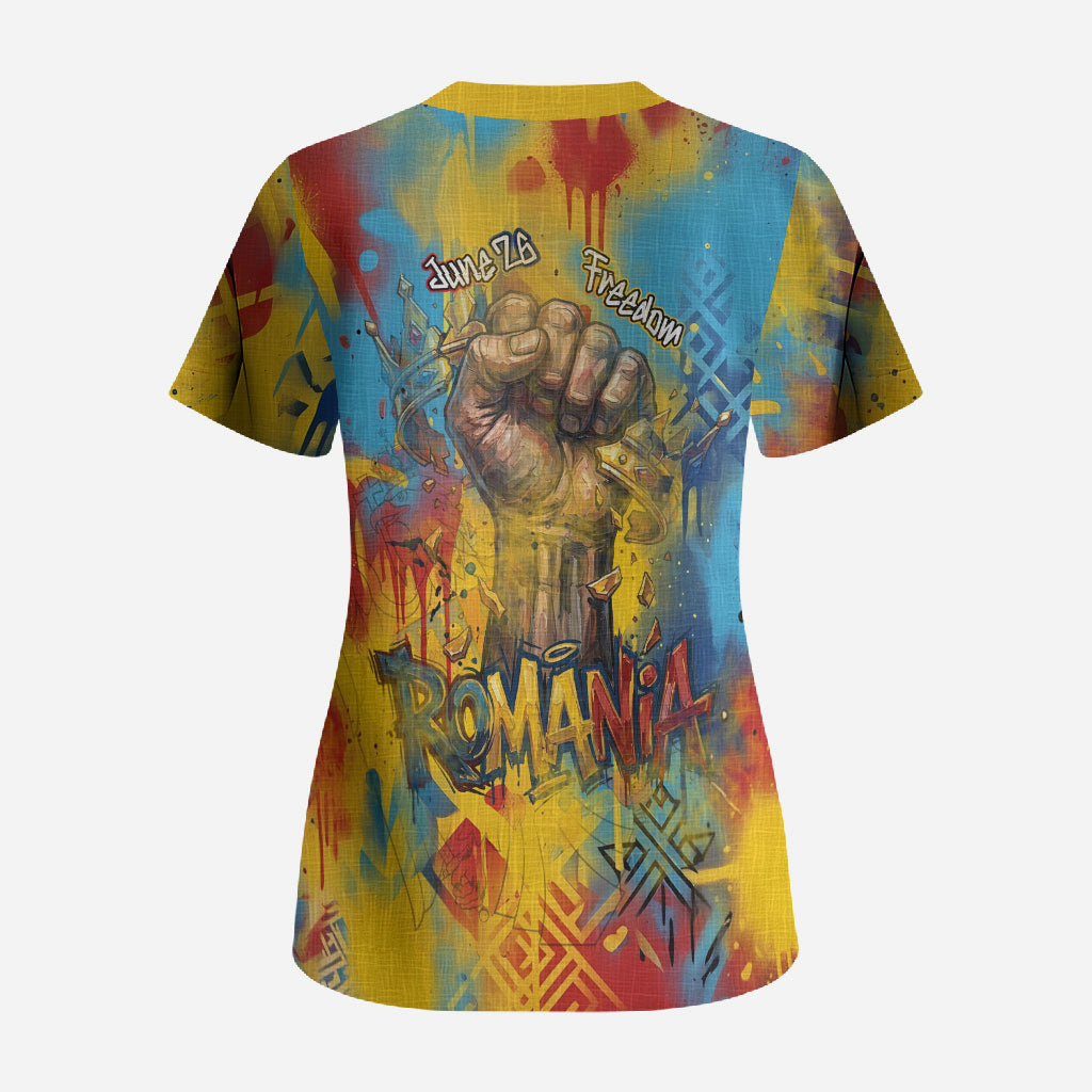 Romania Freedom Scrub Top Flag Day June 26 - Raised Fist - Graffiti Style