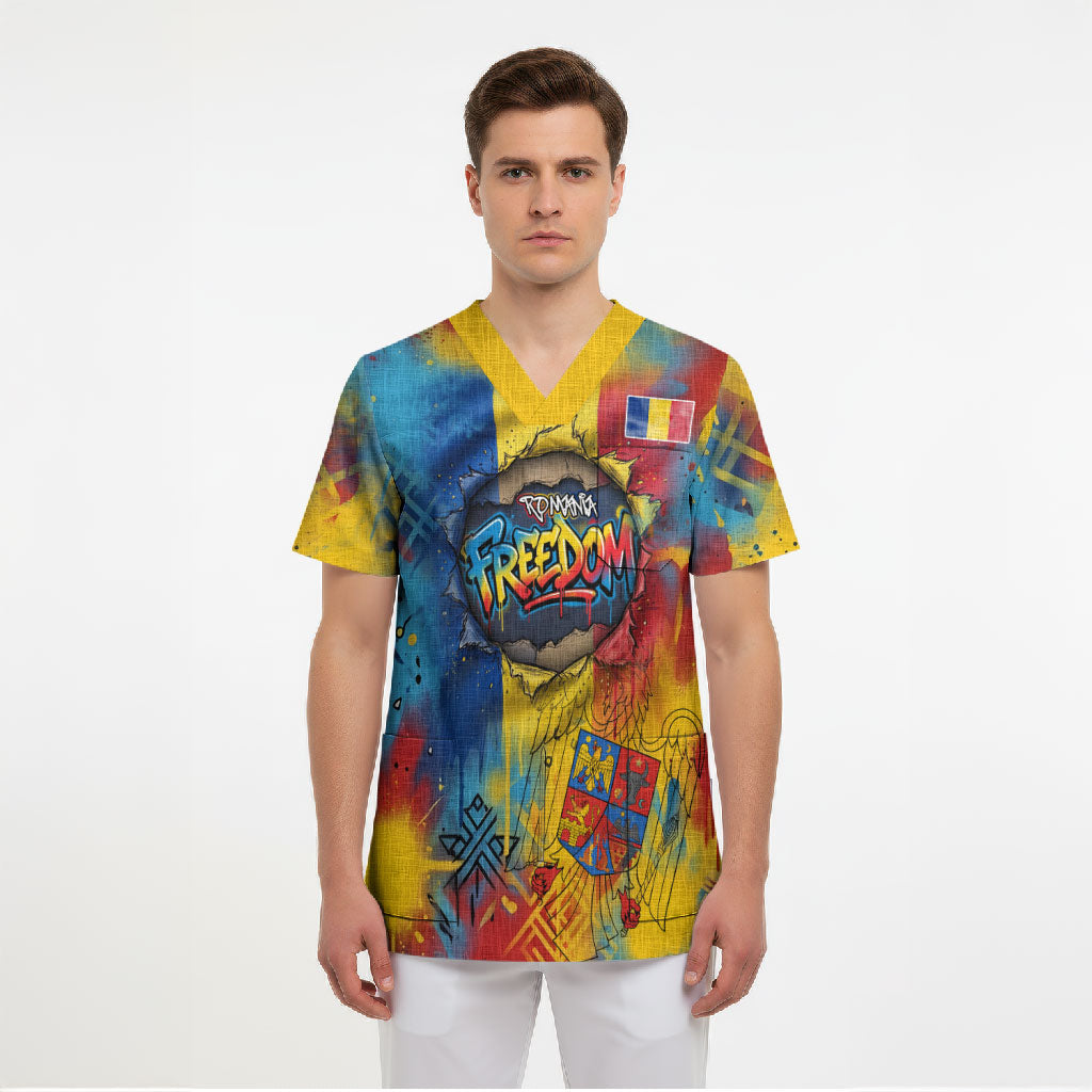 Romania Freedom Scrub Top Flag Day June 26 - Raised Fist - Graffiti Style