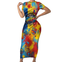 Romania Freedom Short Sleeve Bodycon Dress Flag Day June 26 - Raised Fist - Graffiti Style