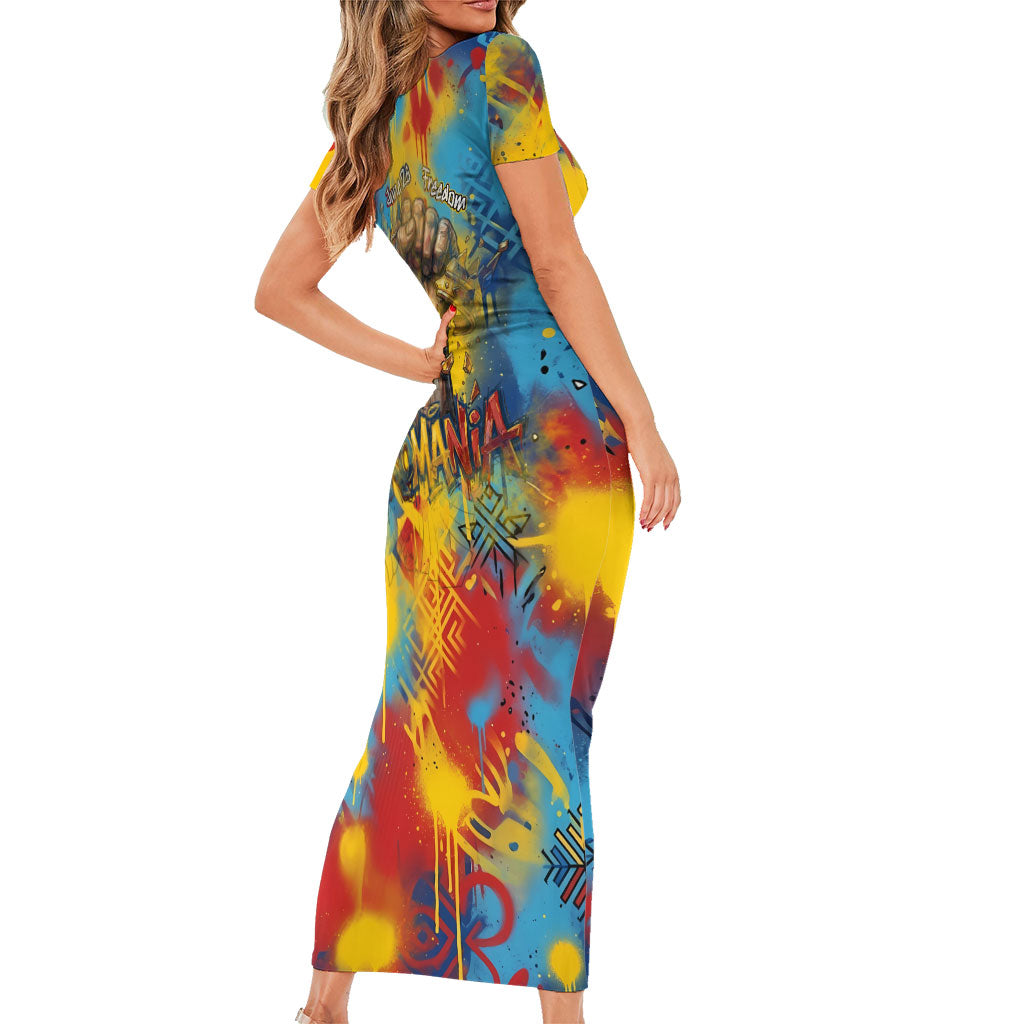 Romania Freedom Short Sleeve Bodycon Dress Flag Day June 26 - Raised Fist - Graffiti Style