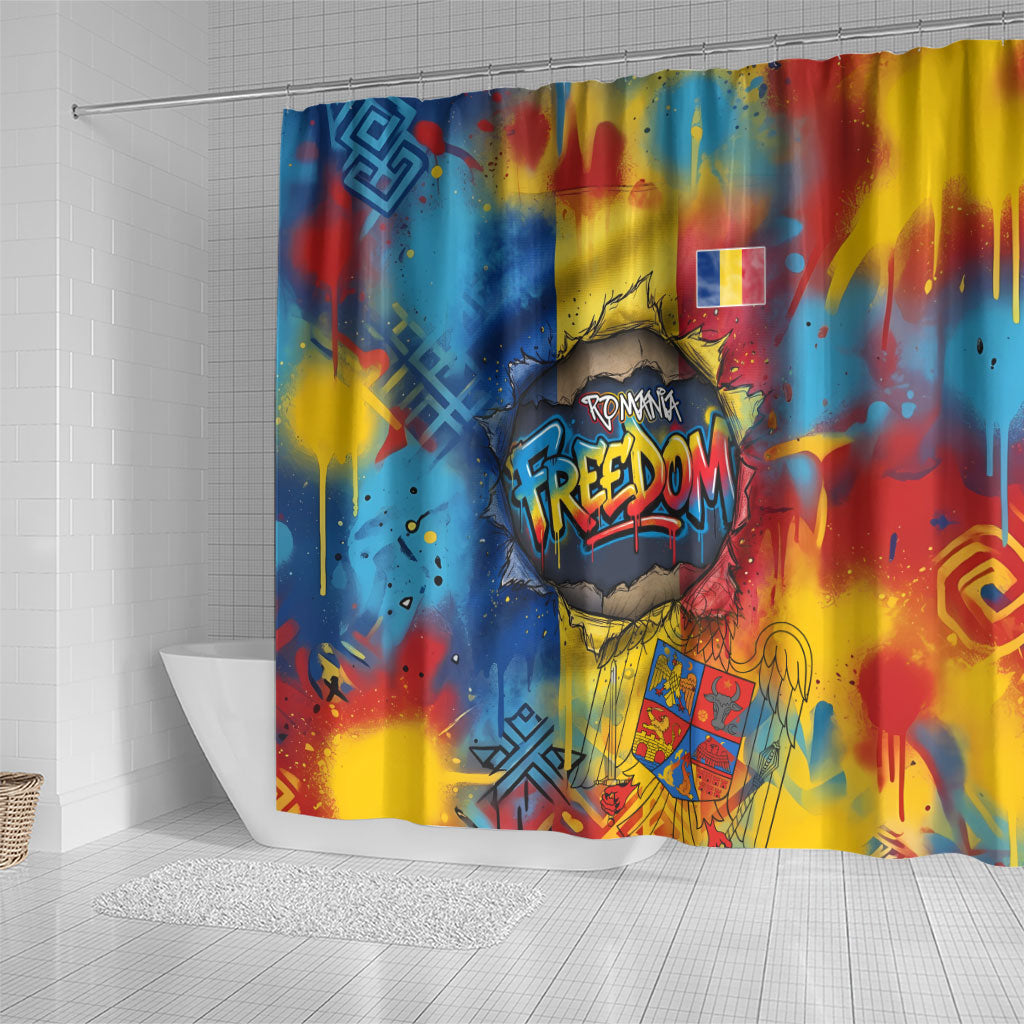 Romania Freedom Shower Curtain Flag Day June 26 - Raised Fist - Graffiti Style