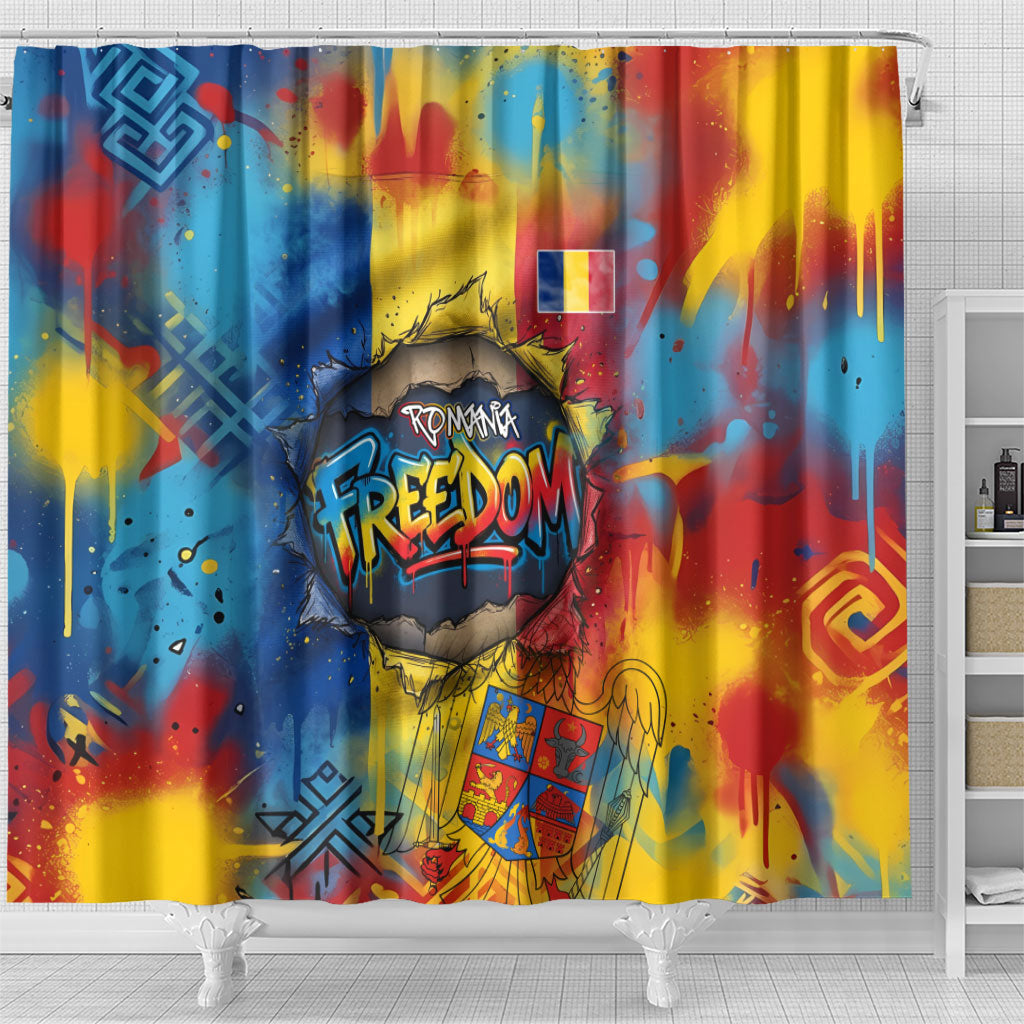 Romania Freedom Shower Curtain Flag Day June 26 - Raised Fist - Graffiti Style