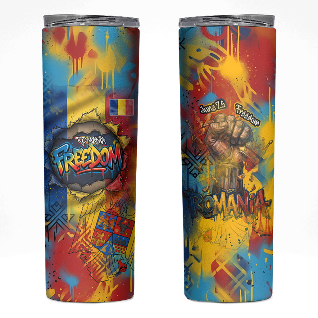 Romania Freedom Skinny Tumbler Flag Day June 26 - Raised Fist - Graffiti Style