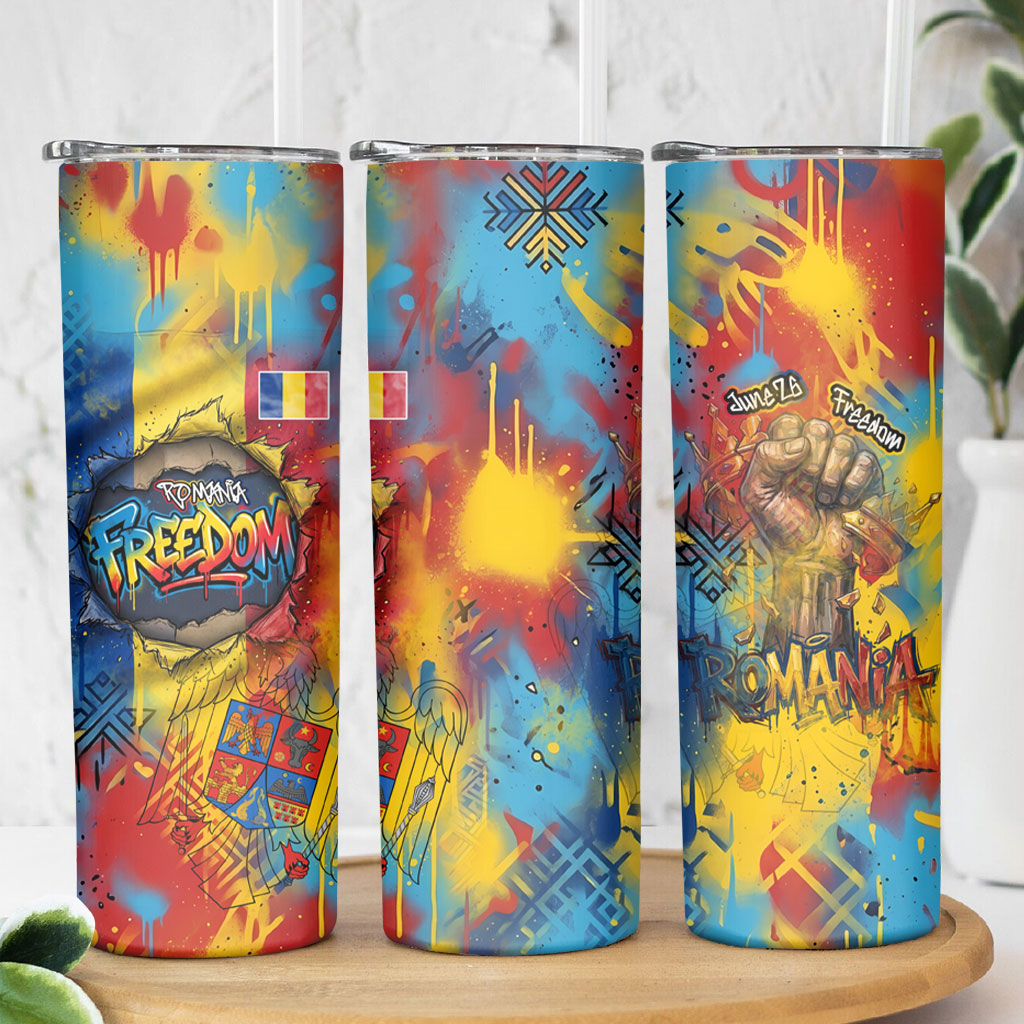 Romania Freedom Skinny Tumbler Flag Day June 26 - Raised Fist - Graffiti Style