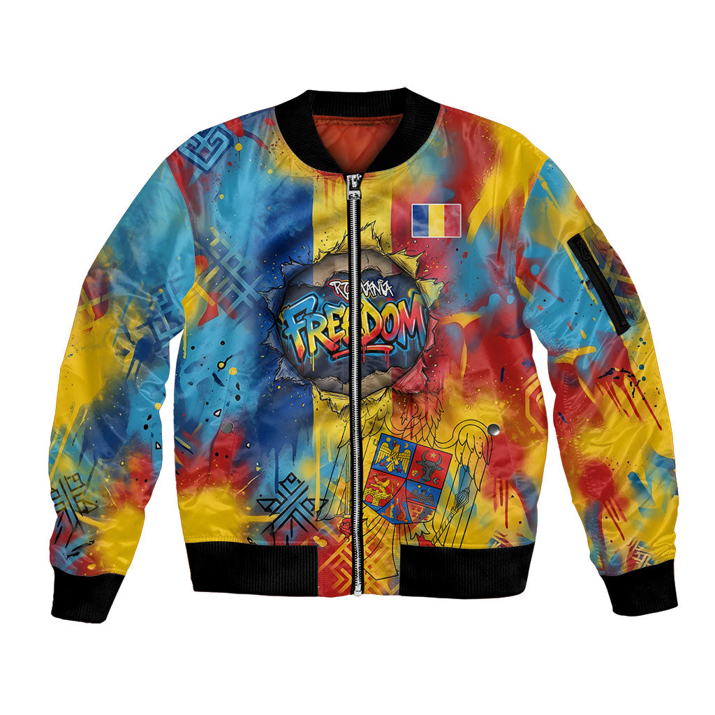 Romania Freedom Sleeve Zip Bomber Jacket Flag Day June 26 - Raised Fist - Graffiti Style