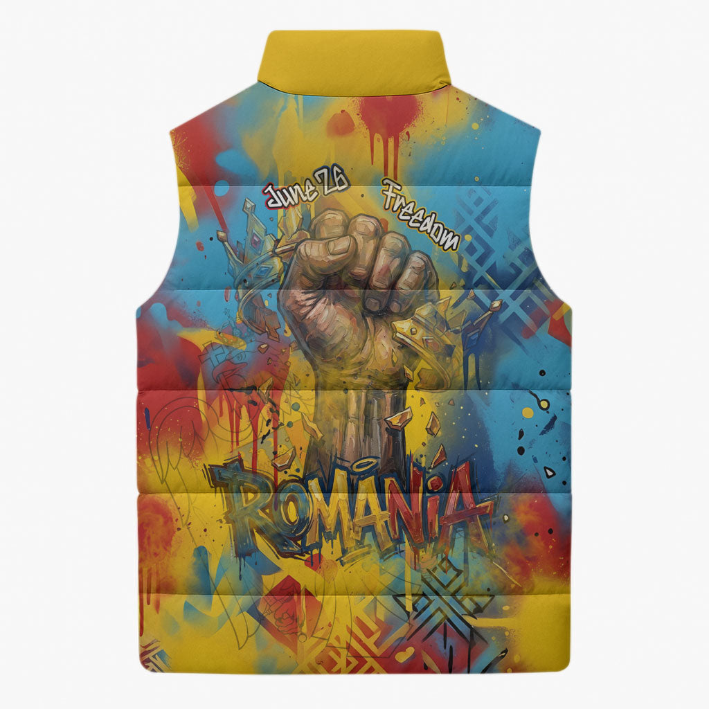 Romania Freedom Sleeveless Puffer Jacket Flag Day June 26 - Raised Fist - Graffiti Style