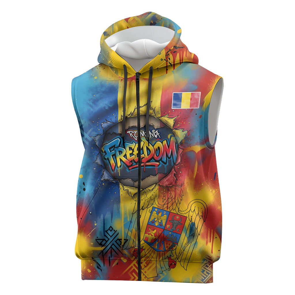 Romania Freedom Sleeveless Zip Hoodie Flag Day June 26 - Raised Fist - Graffiti Style