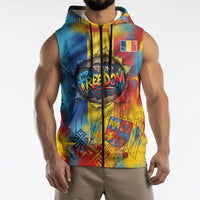 Romania Freedom Sleeveless Zip Hoodie Flag Day June 26 - Raised Fist - Graffiti Style