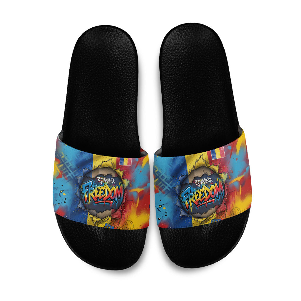 Romania Freedom Slide Sandals Flag Day June 26 - Raised Fist - Graffiti Style