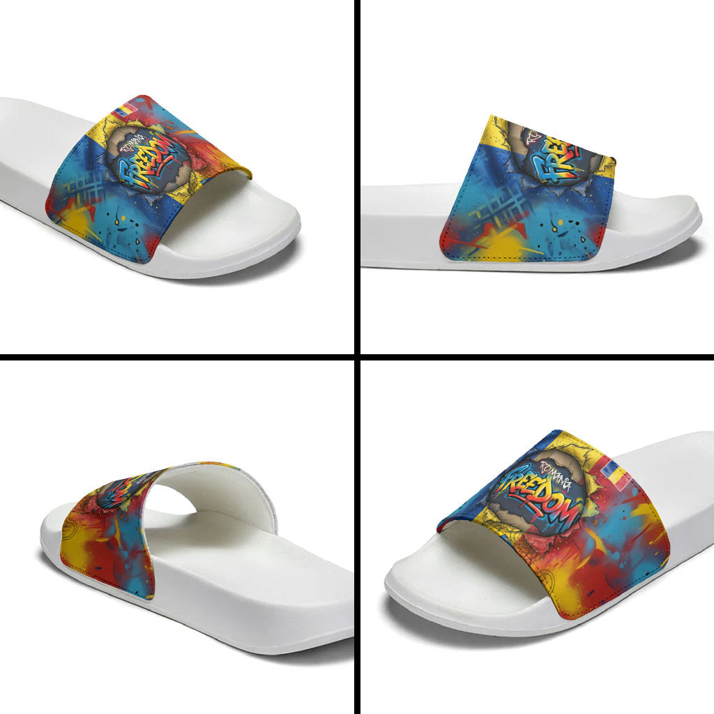 Romania Freedom Slide Sandals Flag Day June 26 - Raised Fist - Graffiti Style