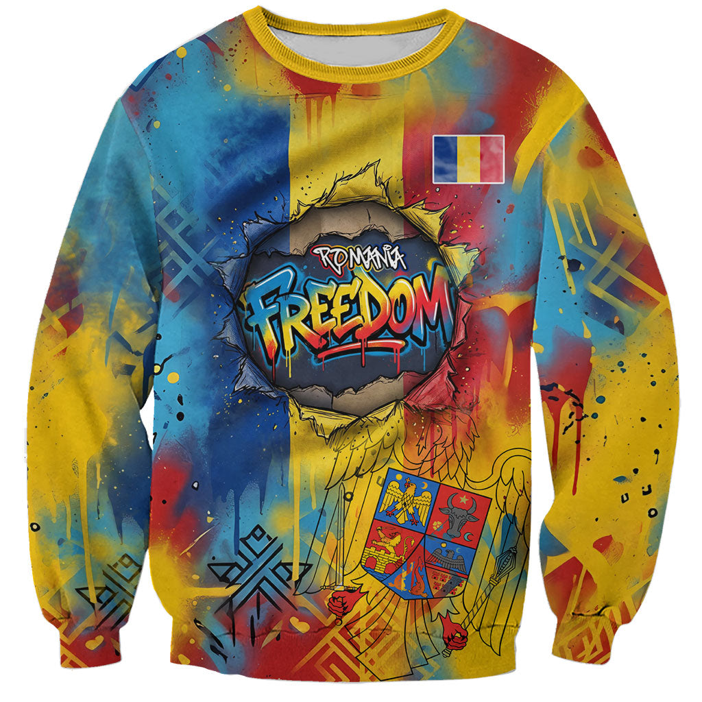 Romania Freedom Sweatshirt Flag Day June 26 - Raised Fist - Graffiti Style