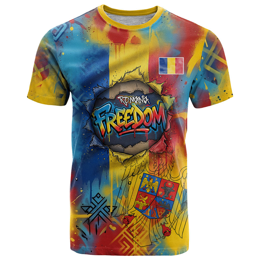 Romania Freedom T Shirt Flag Day June 26 - Raised Fist - Graffiti Style