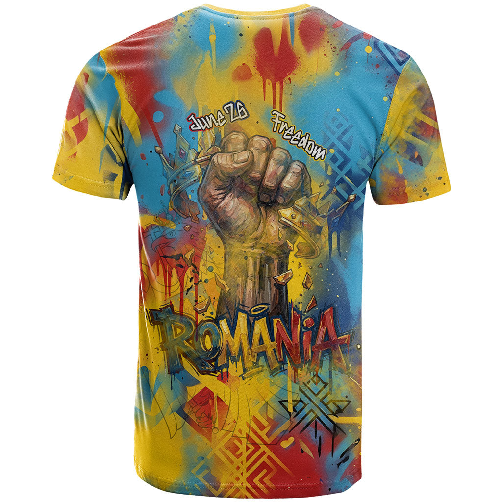Romania Freedom T Shirt Flag Day June 26 - Raised Fist - Graffiti Style