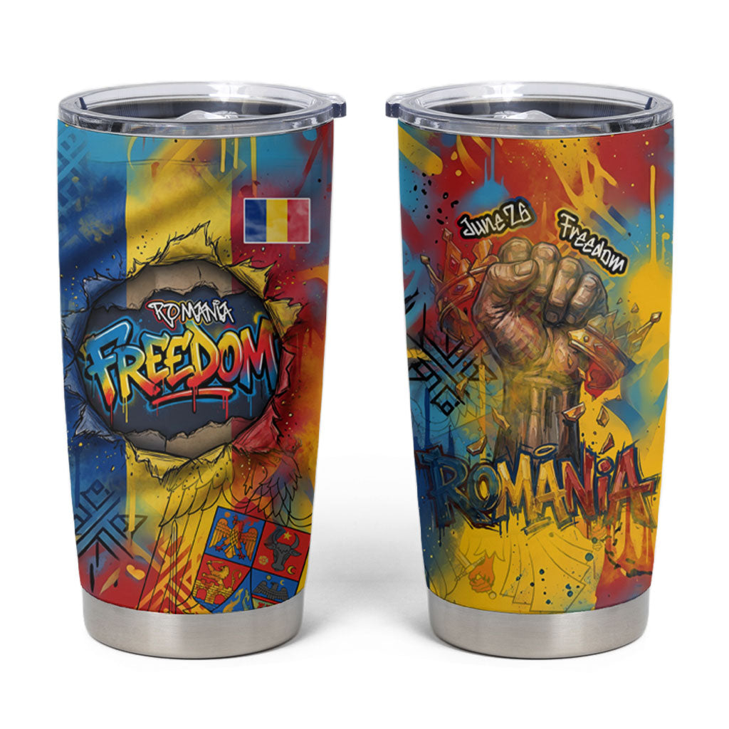 Romania Freedom Tumbler Cup Flag Day June 26 - Raised Fist - Graffiti Style