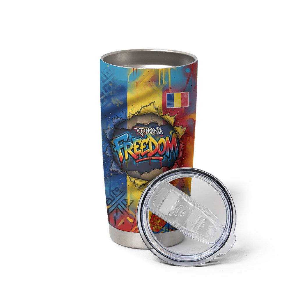 Romania Freedom Tumbler Cup Flag Day June 26 - Raised Fist - Graffiti Style