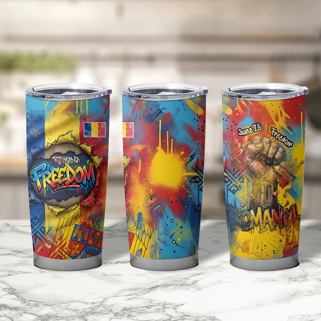 Romania Freedom Tumbler Cup Flag Day June 26 - Raised Fist - Graffiti Style