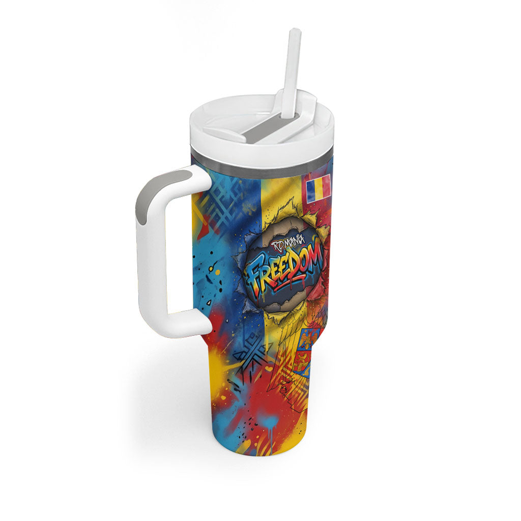 Romania Freedom Tumbler With Handle Flag Day June 26 - Raised Fist - Graffiti Style