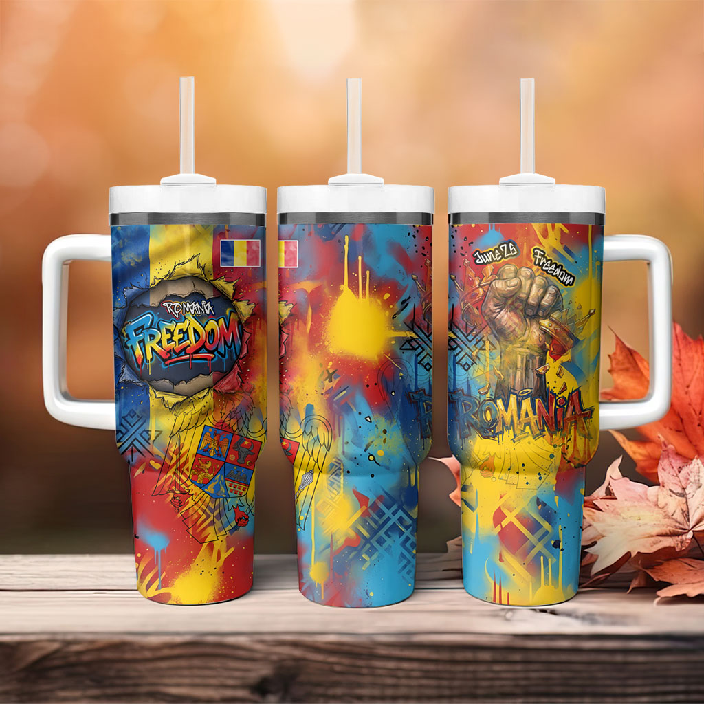 Romania Freedom Tumbler With Handle Flag Day June 26 - Raised Fist - Graffiti Style