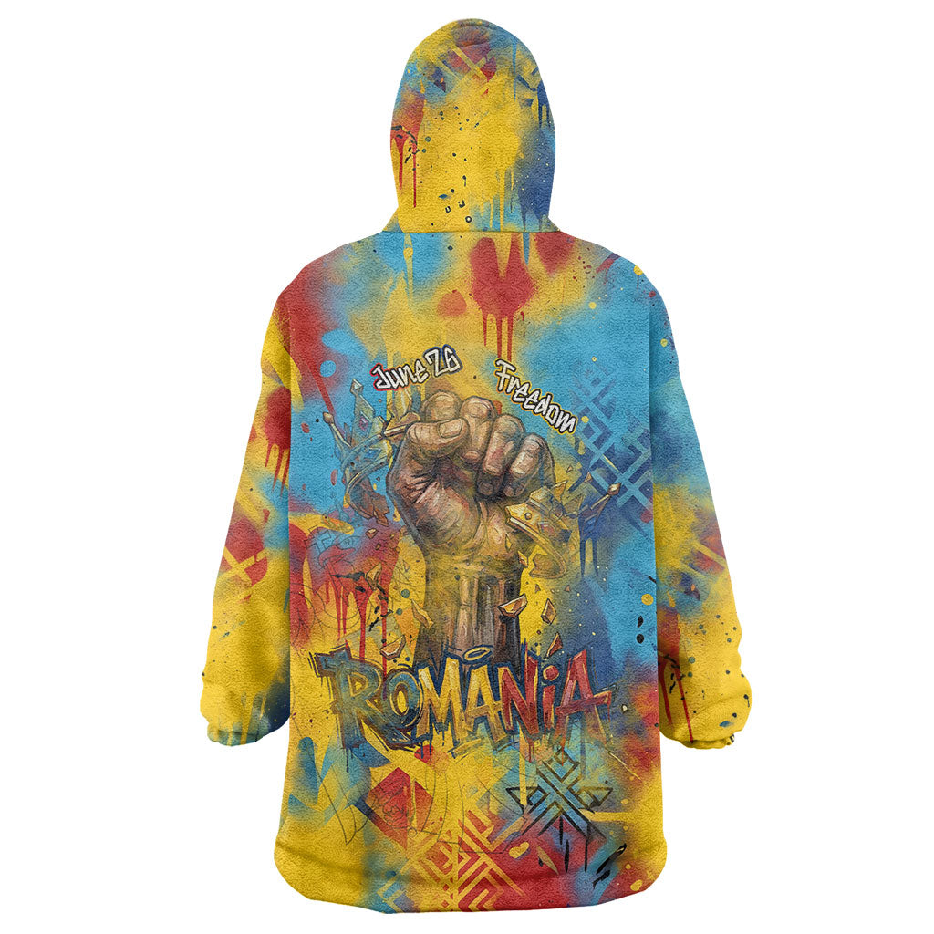 Romania Freedom Wearable Blanket Hoodie Flag Day June 26 - Raised Fist - Graffiti Style