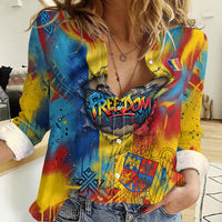 Romania Freedom Women Casual Shirt Flag Day June 26 - Raised Fist - Graffiti Style