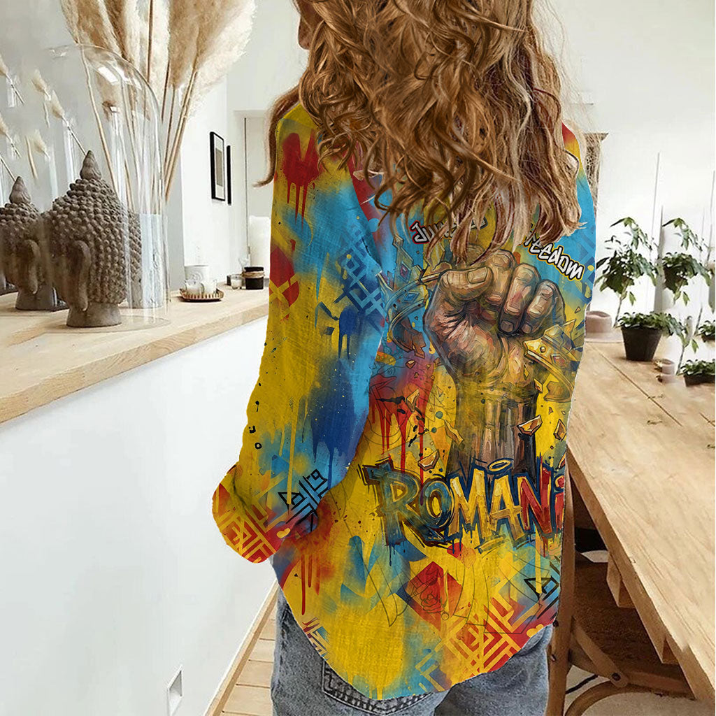 Romania Freedom Women Casual Shirt Flag Day June 26 - Raised Fist - Graffiti Style