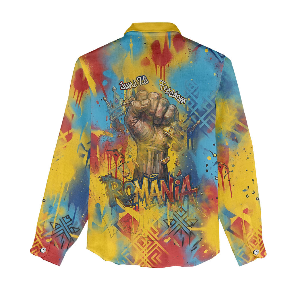 Romania Freedom Women Casual Shirt Flag Day June 26 - Raised Fist - Graffiti Style